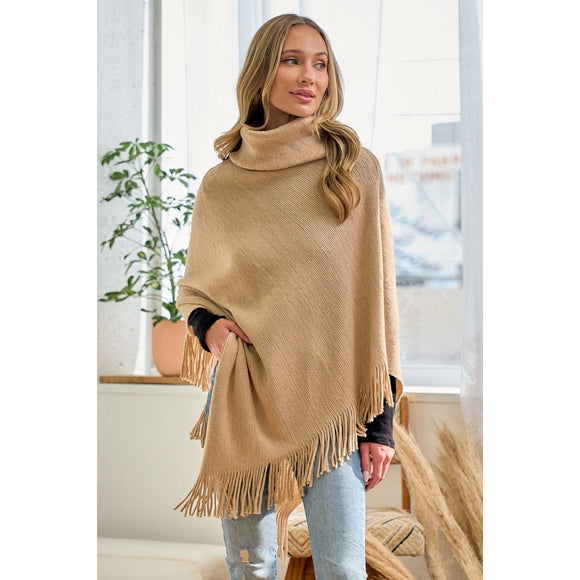 Taupe Cowl Neck Knit Sweater Fringe Poncho Women's Casual One Size