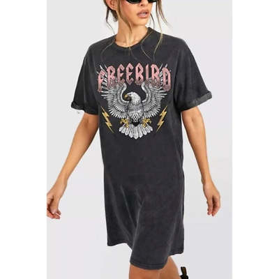 Freebird Eagle Graphic Black Mineral T-Shirt Tee Shirt Mini Relaxed Fit Dress