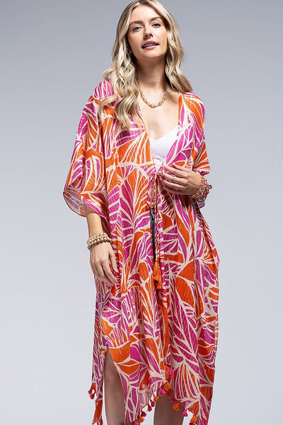 Chelsea Metallic Stripe Palm Leaf Tropical Coverup Open Wrap Kimono Top One Size