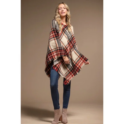 Red Multi Color Plaid Frayed Hem Knit Fall Winter Poncho Casual Women's One Size