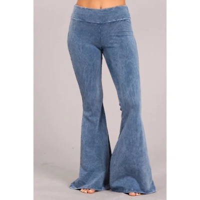 Light Blue Denim Mineral Wash French Terry Flared Bell Bottom Pull On Pants w/ Pockets
