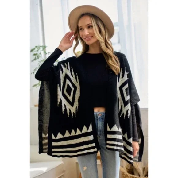 Black Ivory Aztec Boho Pattern Knit Sweater Open Shawl Wrap One Size Fall Winter