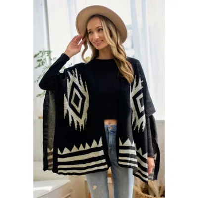 Black Ivory Aztec Boho Pattern Knit Sweater Open Shawl Wrap One Size Fall Winter
