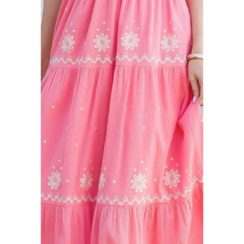 Rose Embroidered Floral Smocked Waist Gauze Summer Casual Halter Maxi Dress
