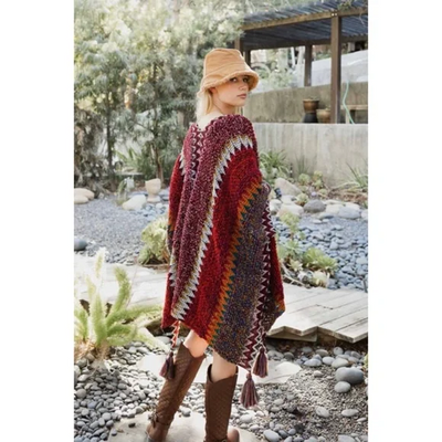 Maroon Knit Colorful Crochet Patterned Ruana Open Fall Winter Sweater Wrap