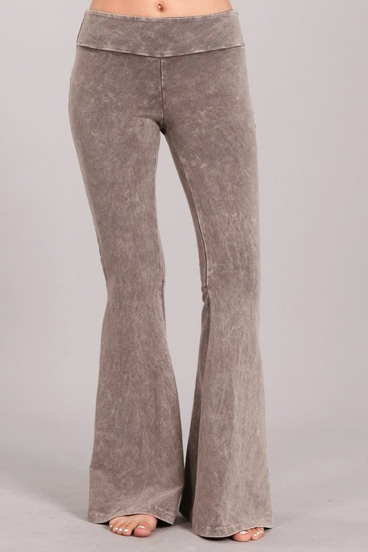 Desert Taupe Mineral Wash French Terry Flared Bell Bottom Pull On Pants w/ Pockets