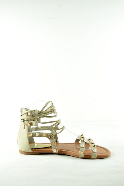 Pearl & Stud Festival Gladiator Lace Up Ankle Sandals Nude White Womens
