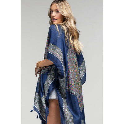 Azura Navy Ethnic Motif Print Tassel Kimono Wrap Open Coverup Top One Size