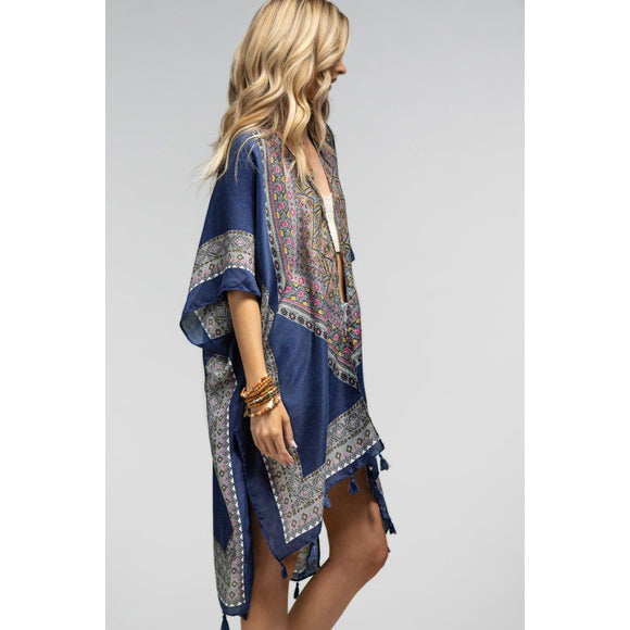 Azura Navy Ethnic Motif Print Tassel Kimono Wrap Open Coverup Top One Size