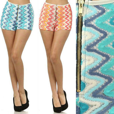 Shorts Mini High Waist Lace Crochet Zig Zag Summer Chevron Zipper New