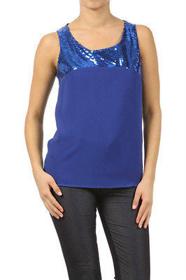 Sleeveless Loose Fit Tank Top Blue Sequin Sparkling Scoop Neck Soft Blouse