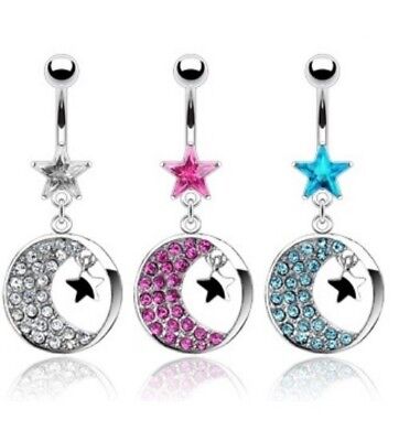 Silver CZ Gem Cubic Zirconia Paved Moon & Star Round Dangle Belly Navel Ring