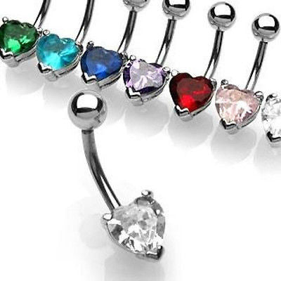 Belly Navel Ring Heart Solitaire Cubic Zirconia 7mm Surgical Stainless Steel