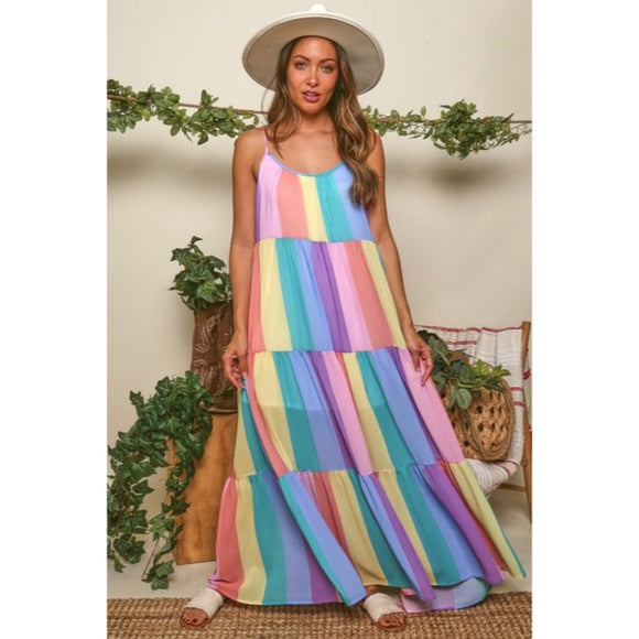 Rainbow Colorful Multi Color Bright Striped Tiered Tie Shoulder Maxi D – Jersey Glam Rainbow Colorful Multi Color Bright Striped Tiered Tie Shoulder Maxi D – Jersey Glam