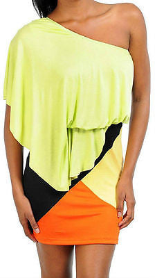 Dress Sexy Casual Club Lime Green One Shoulder Draped Color Block Mini