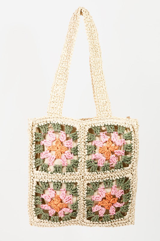 Ivory Floral Straw Braided Woven Pattern Tote Bag