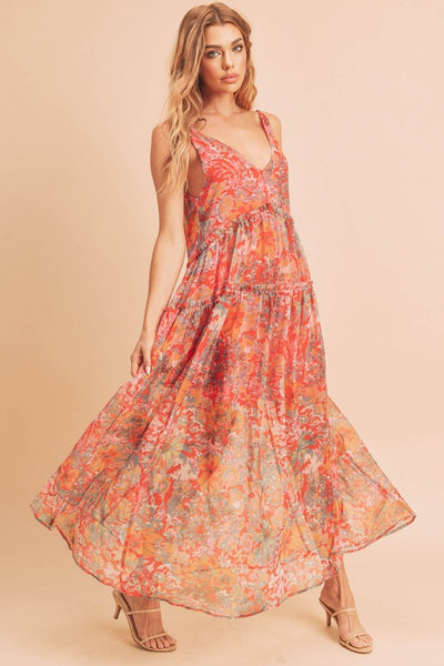 Violetta - Red Floral Tiered Sleeveless Maxi Dress