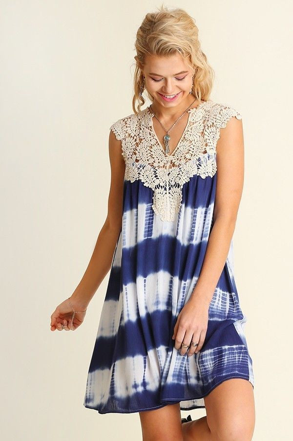 Umgee Boho Dress Bohemian Blue Tie Dye Crochet Sleeveless Casual Strip –  Jersey Glam