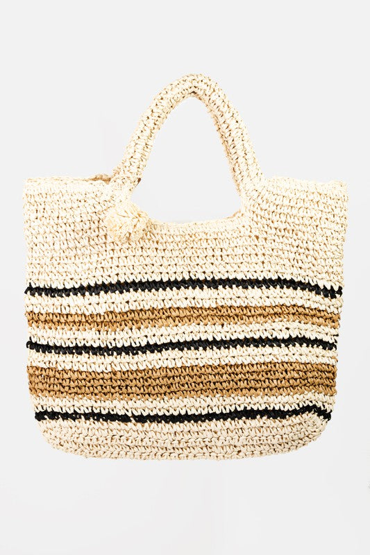 Ivory Striped Woven Straw Braided Summer Tote Bag