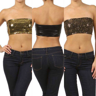 Top Bandeau Cropped Sequin Gold Bronze Faux Shiny Leather Backside New Hot
