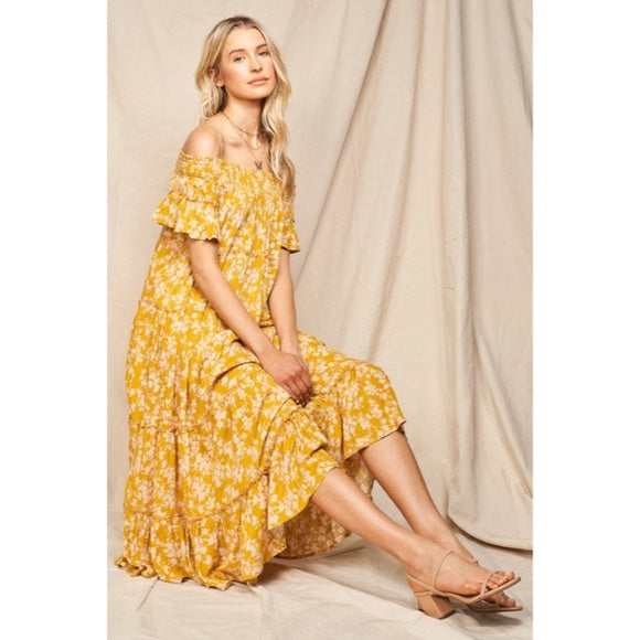 Moss Yellow Floral Flowly Bohemian Tiered Off The Shoulder Casual Midi Jersey Glam Moss Yellow Floral Flowly Bohemian Tiered Off The Shoulder Casual Midi Jersey Glam