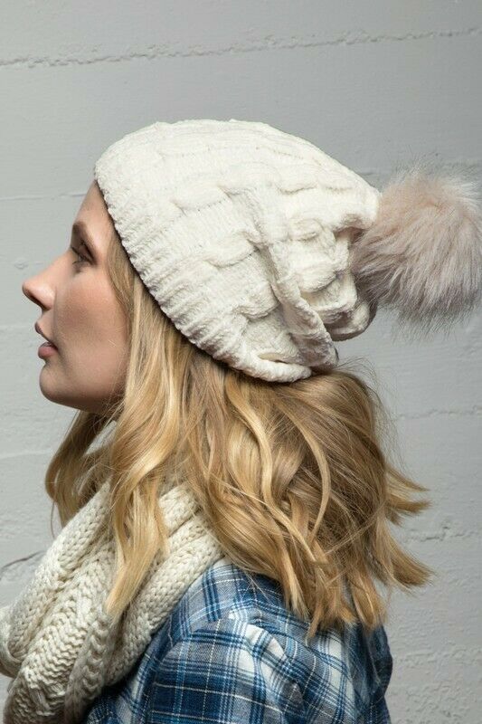 Ivory Luxury Chenille Cable Knit Faux Fur Pom Pom Winter Beanie Womens Hat