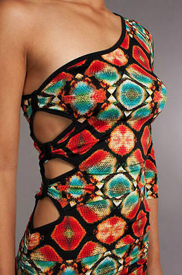 Womens Dress One shoulder 3/4 Slv Kaleidoscope Colorful Open Side Waist