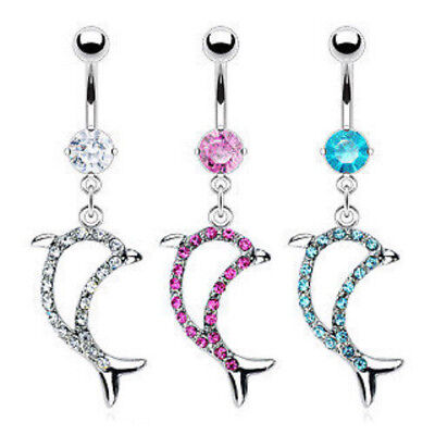 316L Pink Multi Gem Paved Dolphin Navel Belly Ring