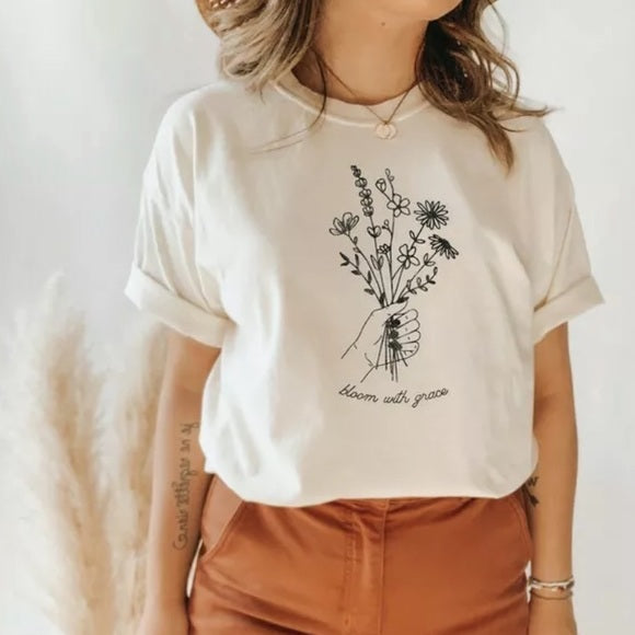 Vintage White Bloom With Grace Bella Canvas Graphic Tee Womens T-Shirt Top