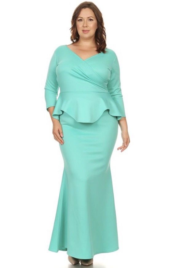Maxi Dress Plus Peplum 3/4 Sleeve Solid Mermaid Ruffle Gown Cocktail M Jersey Glam Maxi Dress Plus Peplum 3/4 Sleeve Solid Mermaid Ruffle Gown Cocktail M Jersey Glam