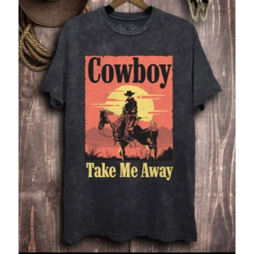 Black Vintage Mineral Wash Cowboy Take Me Away Western Graphic Oversized Tee