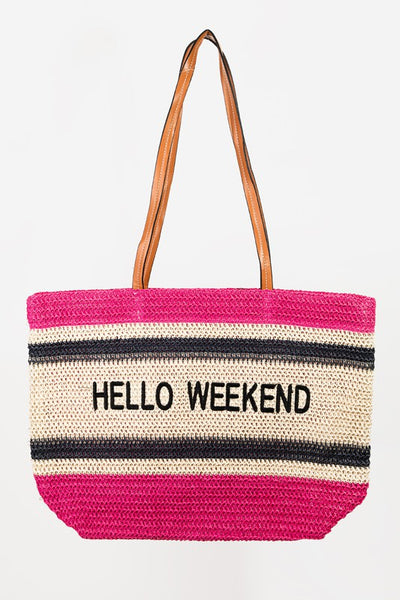 Fuchsia Hello Weekend Straw Braided Tote Bag