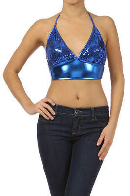 Womens Crop Top Sequin Shiny Metallic Lame Sparkling Sexy Club