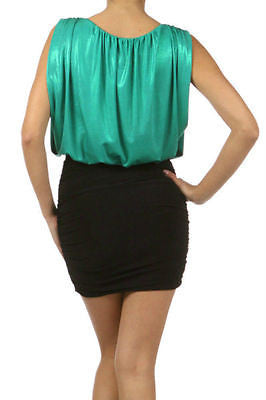 Dress Mini Shimmer Metallic Blouson Cocktail Skirted Ruched Red Green