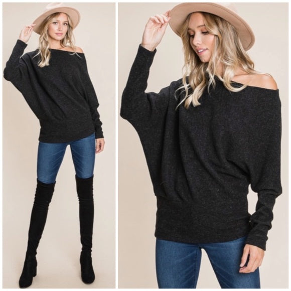 Black Solid Ribbed Off Shoulder Dolman Sweater Knit Casual Womens