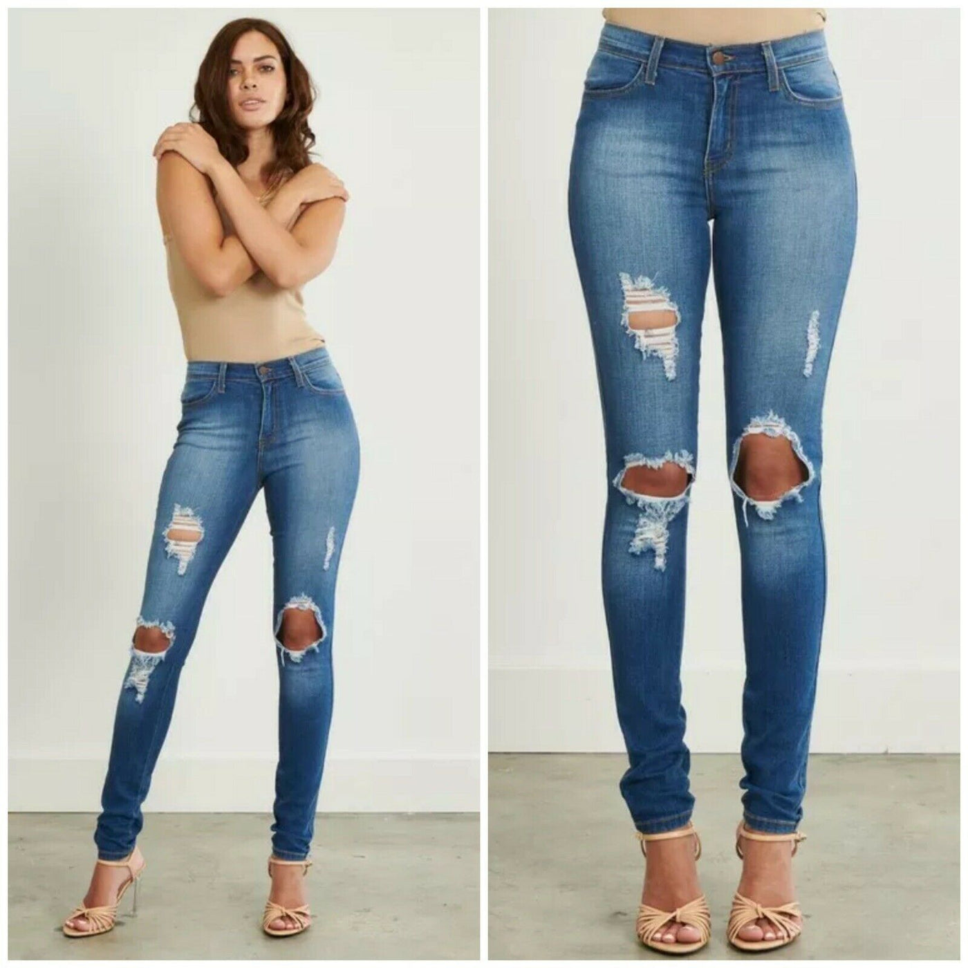 Distressed Destroyed Ripped Knee Stretch Skinny Womens Jeans