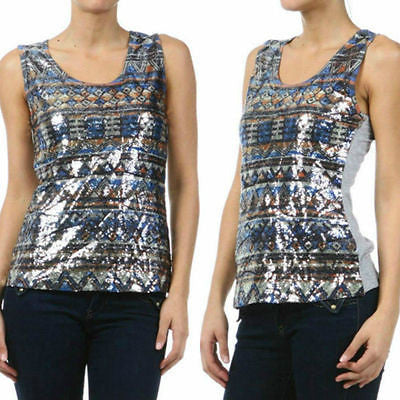 Tank Top Sleeveless Sequin Tribal Aztec Sparkling Front Solid Back Size