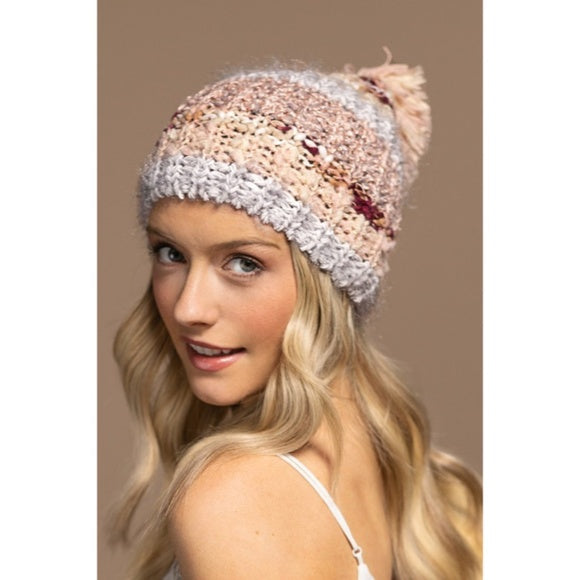 Blush Cozy Knitted Striped Pompom Winter Knit Beanie Women's Hat Casual Gift