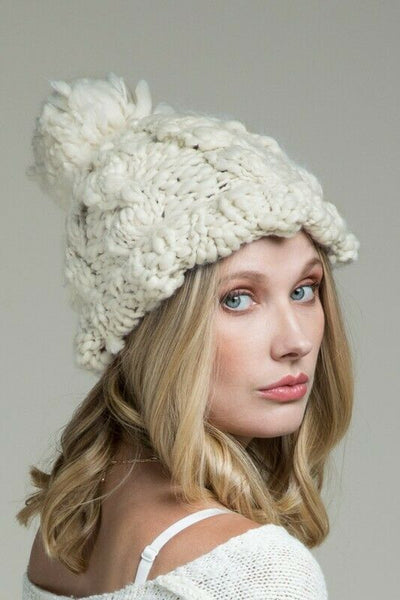 Oatmeal Hand Knit Chunky Cable Beanie Winter Pompom Hat Womens