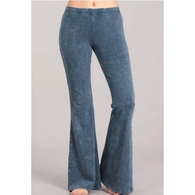 Steel Blue Boho Mineral Wash Flared Bell Bottom Stretch Pull On Pants Womens