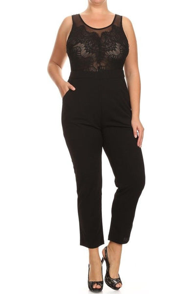 Plus Jumpsuit Sleeveless 1X 2X 3X Sheer Lace Mesh Sexy Black Ivory Solid Sexy