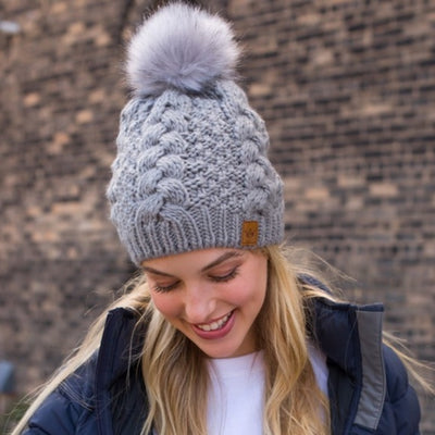Light Gray Cable Knit Faux Fur Pompom Beanie Fleece Lined Women's Winter Hat