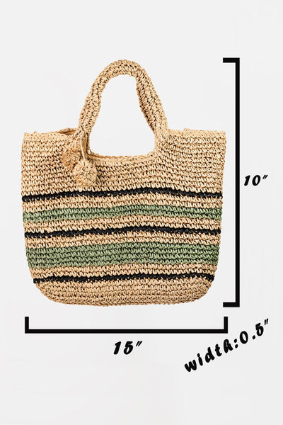 Ivory Striped Woven Straw Braided Summer Tote Bag