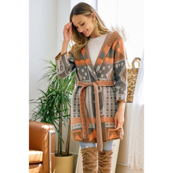 Gray Orange Aztec Tribal Hooded Knit Long Sleeve Cardigan Belted Sweater Women's