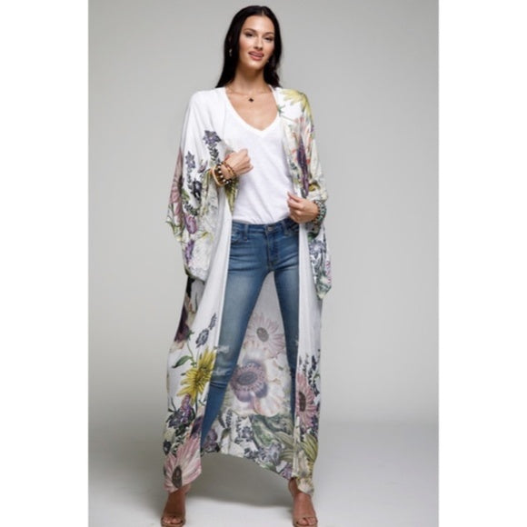 Aurelia Floral Motif Flower Sheer Kimono Long Maxi Open Duster Wrap Coverup