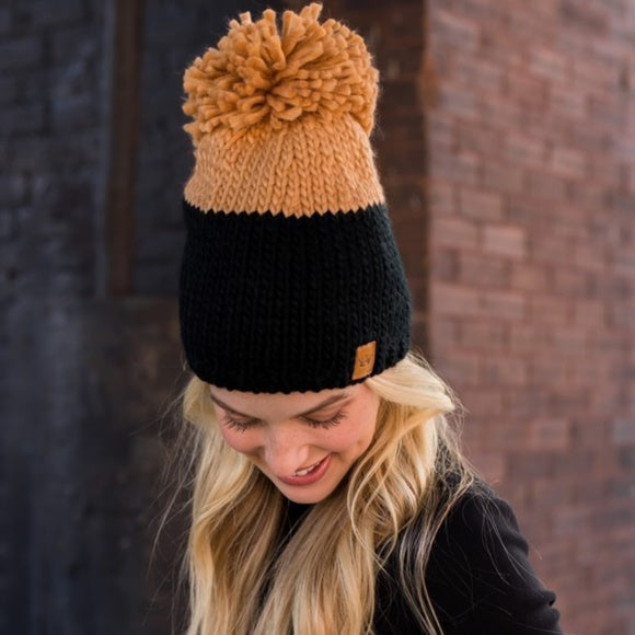 Black Camel Colorblock Knit Fleece Lined Pompom Women's Beanie Winter Hat