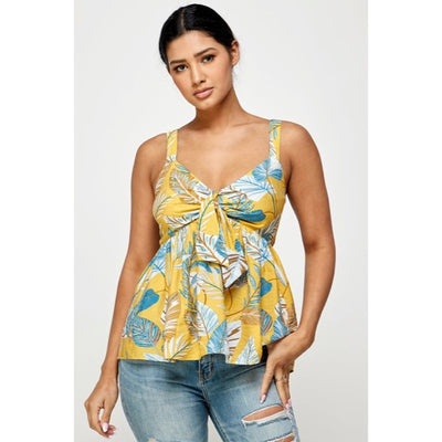Honey Yellow Blue Tropical Floral Knotted Cami Babydoll Summer Vacation Tank Top