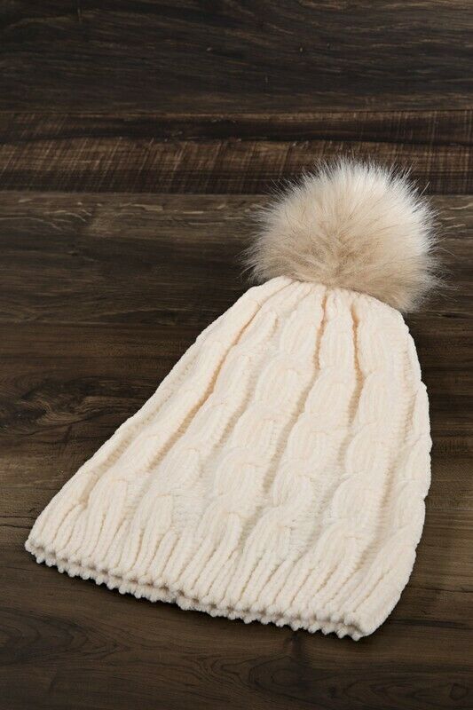 Ivory Luxury Chenille Cable Knit Faux Fur Pom Pom Winter Beanie Womens Hat