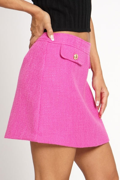 Hot Pink Tweed Faux Pocket Woven Button Mini Skirt