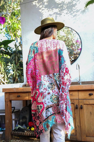 Mint Boho Patchwork Floral Bohemian Kimono Wrap Coverup Open Top Casual Spring
